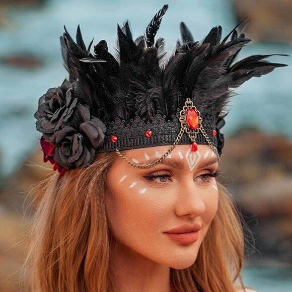 Black Rose Feather Headband Crystal Crown